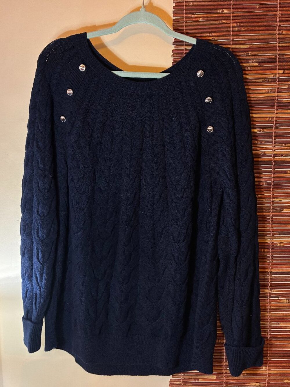 Talbots Button Raglan Cable Knit Sweater 2X Navy Blue Cotton Wool Blend